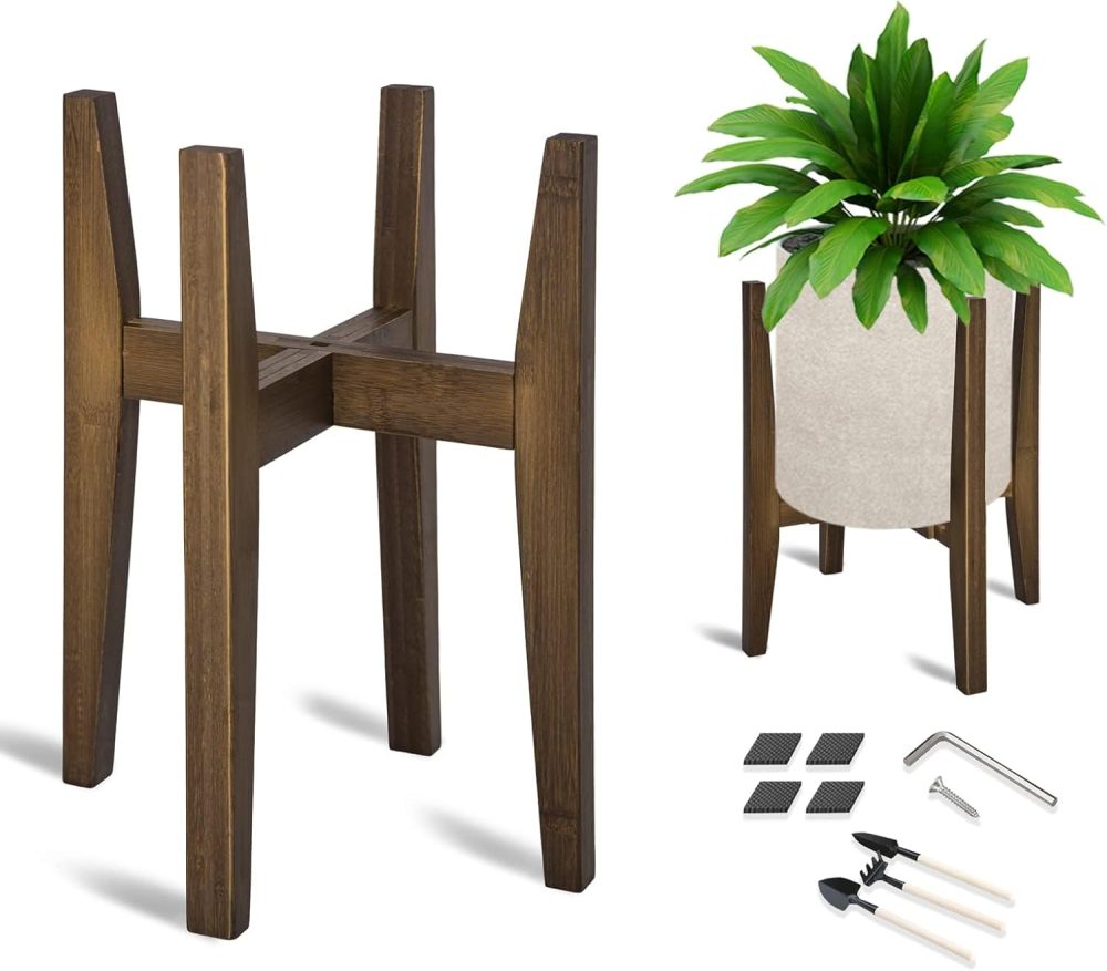 Adjustable Plant Stand, Bamboo Mid Century Modern Indoor Plants Stands, Corner Flower Holder for Living Room, Fits 8 to 12 Inches Pots, (Pot & Plant Not Included)(Walnut, 1 Pack)