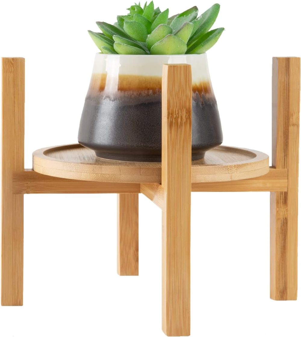 6.5 inch Modern Plant Stand & 5.5" Bamboo Saucer, Mid-Century Planter Holder, Plant Saucer, Round Bamboo Tray for Flower Pot, Planter Pot Tray, Prevent The Floor Wet, Not Include Planter Pot