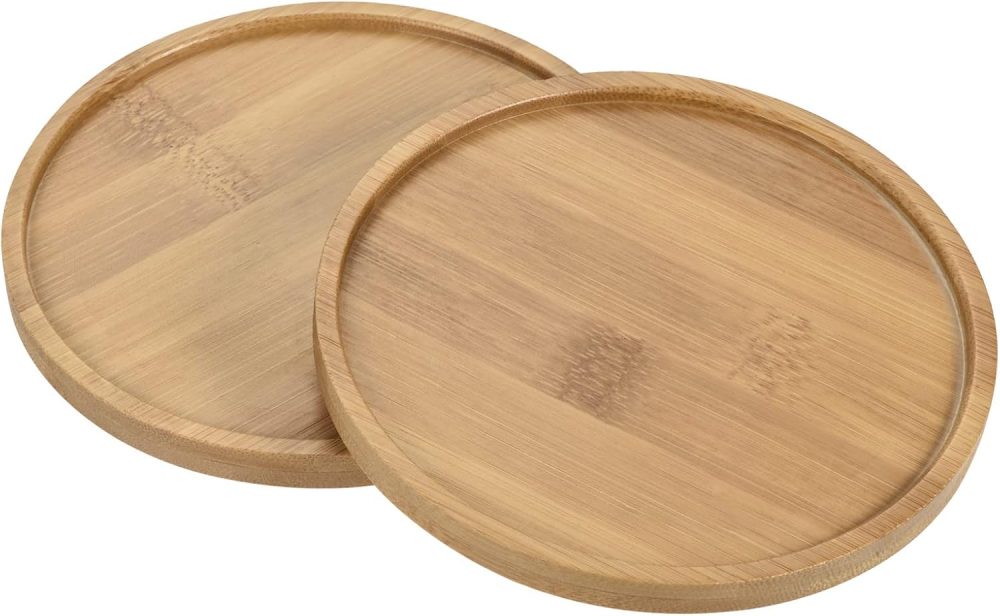 Plant Pot Saucer, 2 Pack 5 Inch OD Bamboo Round Flower Drip Tray for Indoors