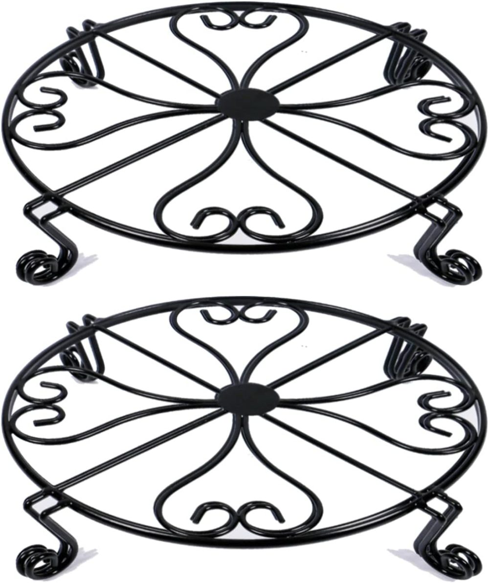 2 pack 10"-12" Rustproof Black Metal Plant Stands Heavy Duty Plants Holder Outdoor Indoor, Round Wrought Iron Flower Planter Pot Stand, Corner Gardening Pumpkin Stand - 10Inches