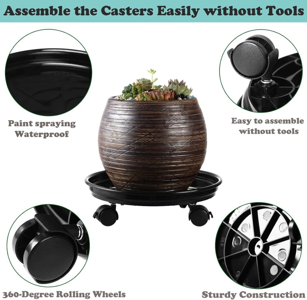 6 Packs Plant Caddy with Wheels 11.8" Plastic Rolling Plant Dolly Coasters Heavy-duty Wheeled Planter Mover Rollers Indoor Outdoor Wheeled Flower Pot Base Suacers with Casters, Black - Image 2