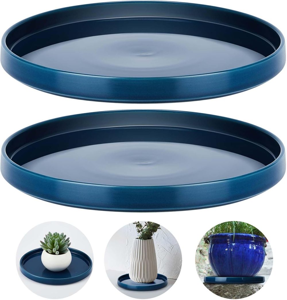 2 Pcs 8 Inch Ceramic Plant Saucer Outdoor Indoor Plant Tray Round Flower Pot Drip Trays Blue Flower Drainage Tray Glazed Pots Base for Holding Water Drips and Soil