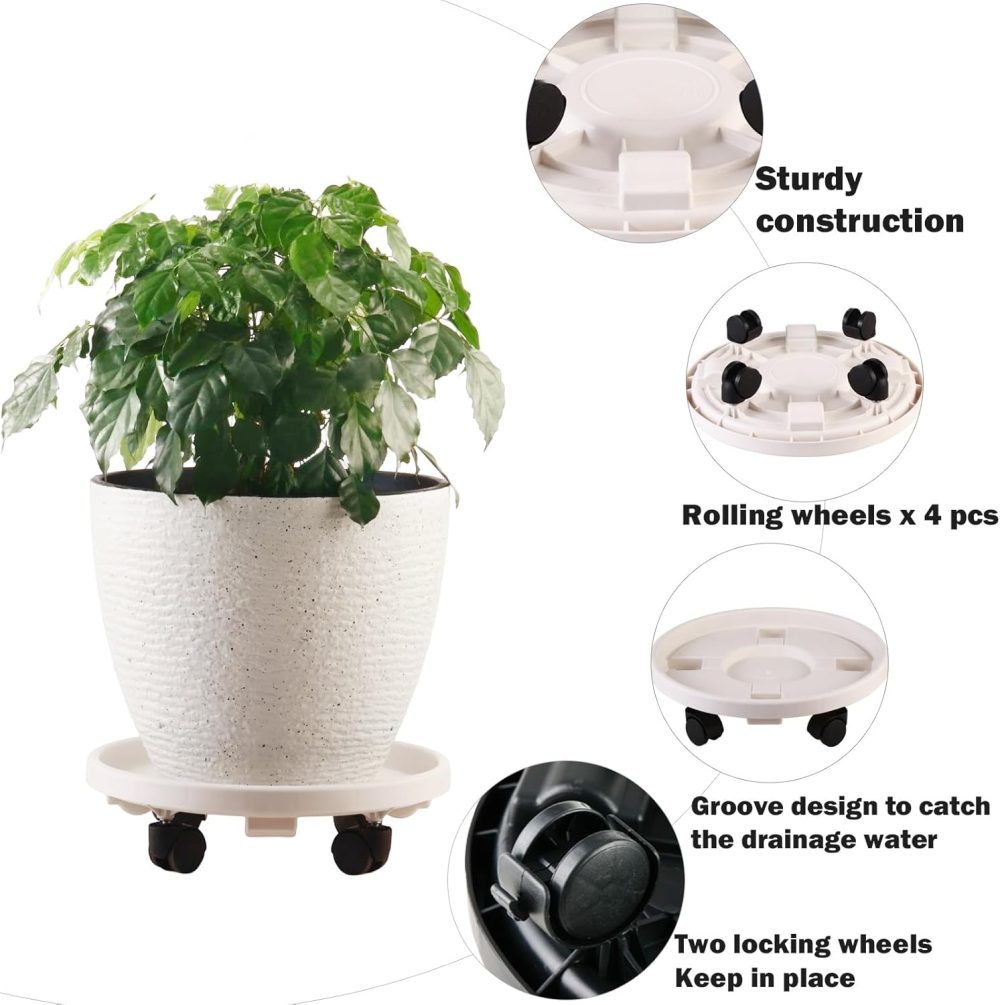5 Packs Large Plant Caddy with Wheels 13" Rolling Wheeled Plant Stands Heavy-duty Plastic Flower Pot Roller Base Movers Indoor Outdoor Planter Dolly with Casters Trolley, White - Image 2