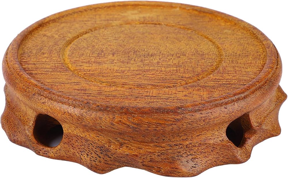 Vintage Multifunctional Retro Round Vase Base,Blackwood Round Solid Wood Base Stone Ornament Wooden Bracket Small Bonsai Pedestal,Teapot Base Oriental Display Stand,9 cm/3.5 in(Yellow)