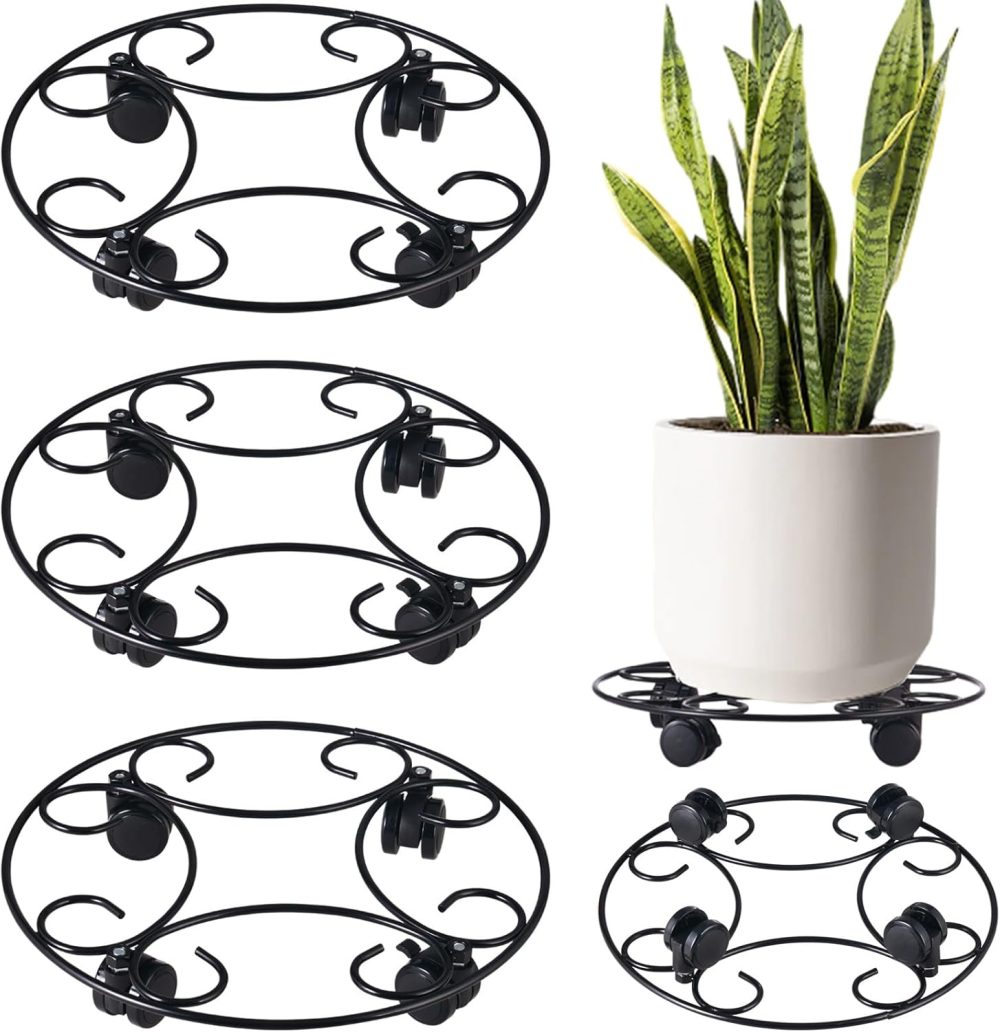3 Packs 12.8" Metal Plant Caddy with Wheels Large Rolling Plant Stands Heavy-duty Wrought Iron Plant Roller Base Pot Movers Plant Saucer on Wheels Indoor Outdoor Plant Dolly Coasters Planter Tray