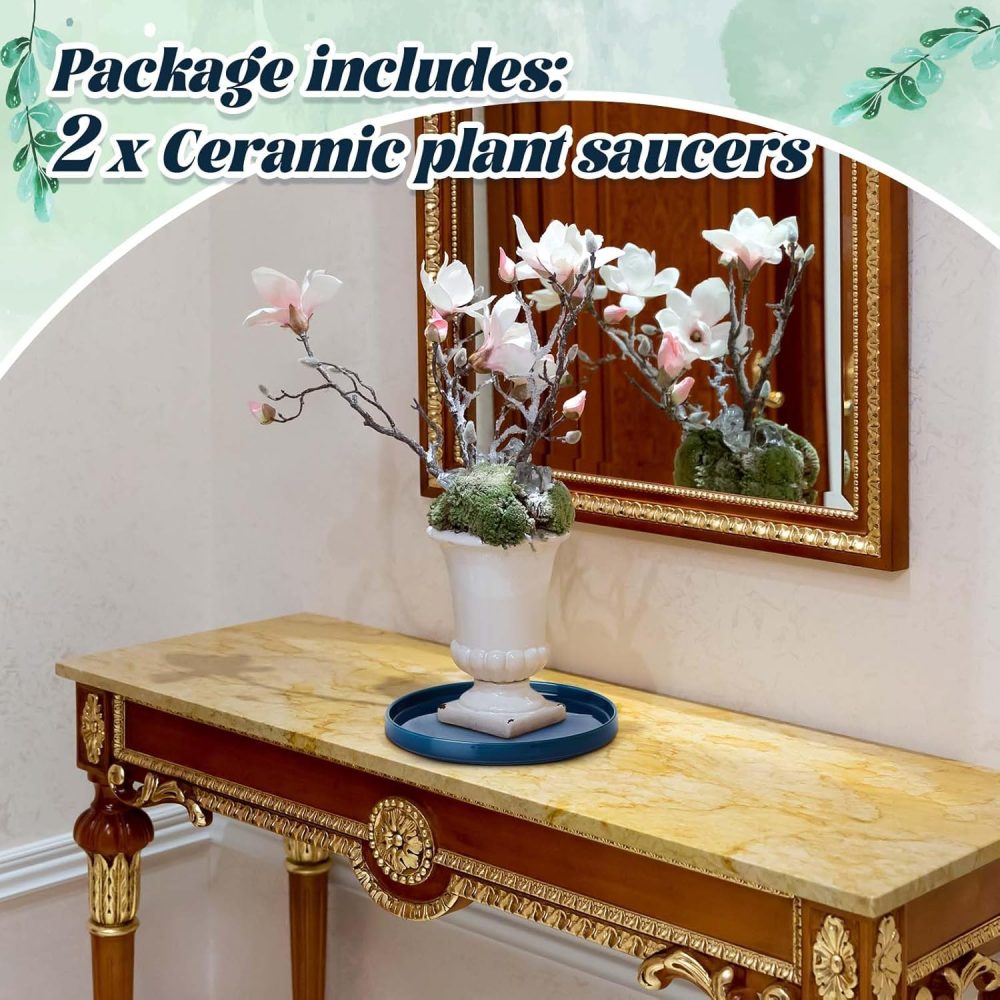 2 Pcs 8 Inch Ceramic Plant Saucer Outdoor Indoor Plant Tray Round Flower Pot Drip Trays Blue Flower Drainage Tray Glazed Pots Base for Holding Water Drips and Soil - Image 2