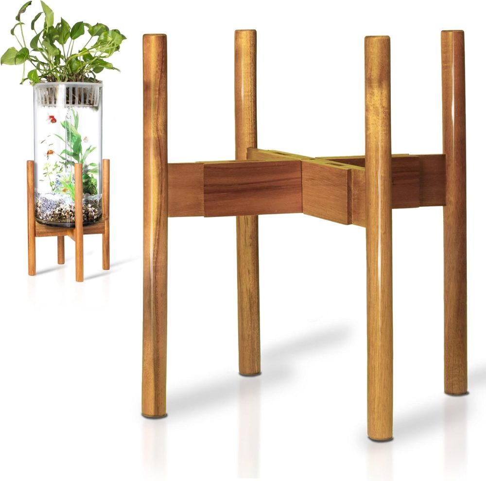 Acacia Hardwood Adjustable Plant Stand Indoor, Planter Stand Pot, Mid Century Modern Planter Holder for Indoor Plants, Outdoor Pedestal fits 8 9 10 11 12 Inches Pots, Wooden Pedestal Only