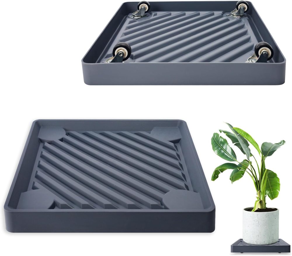 2PCS Square Plant Caddy with Hidden Wheels, Heavy Duty Rolling Plant Stand Caddy with Wheels, Pot Base for Indoor Outdoor, Gray, 9.96 inches