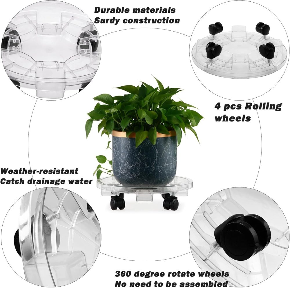 4 Packs 11.8” Large Plant Caddy Plant Saucers on Wheels Rolling Plant Stands Heavy-Duty Plant Dolly Plastic Planter Roller Base Pot Movers Outdoor Plant Tray Coaster - Image 2