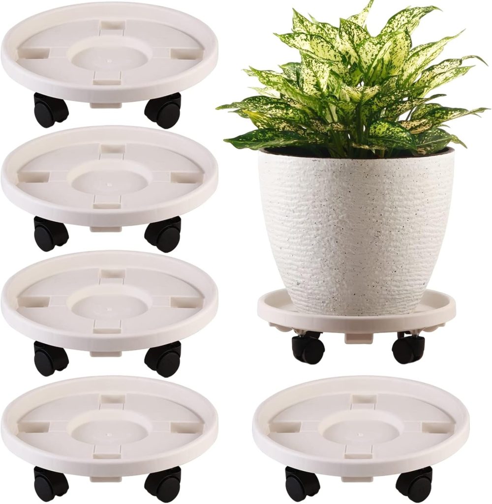 5 Packs Large Plant Caddy with Wheels 13" Rolling Wheeled Plant Stands Heavy-duty Plastic Flower Pot Roller Base Movers Indoor Outdoor Planter Dolly with Casters Trolley, White