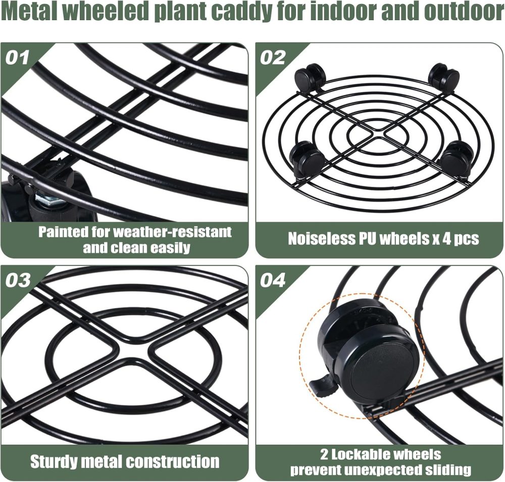 6 Packs Metal Plant Caddy with Wheels 12” Rolling Plant Stands Heavy-duty Wrought Iron Plant Roller Base Pot Movers Plant Saucer on Wheels Indoor Outdoor Plant Dolly with Casters Planter Tray Coaster - Image 2