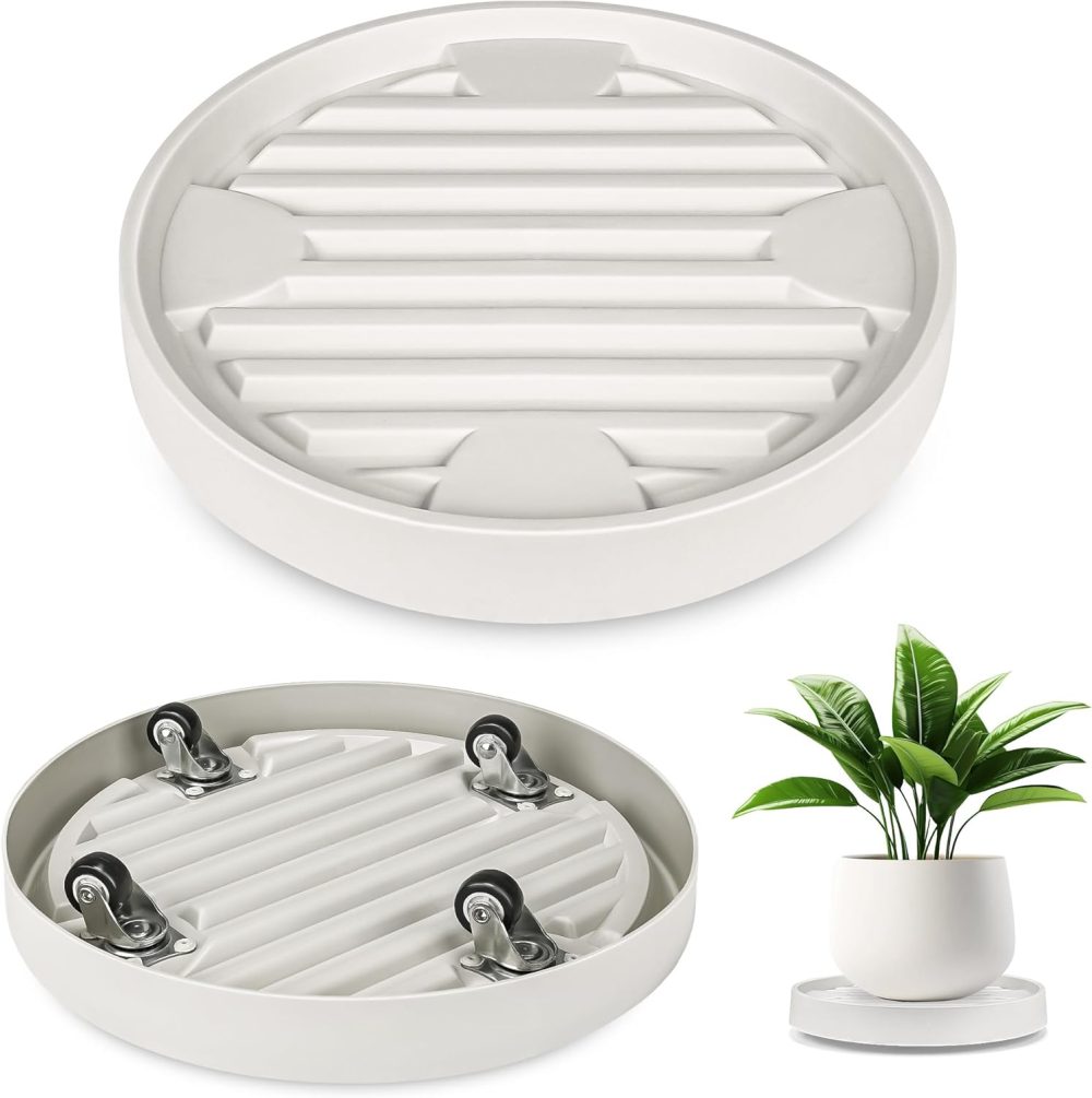12" Plant Caddy with Hidden Wheels, 4 Invisible Caters, Rolling Plants Stand with Wheel Dolly, Wheeled Planter Roller Base, Indoor Pots Holder Tray Plants Pallet, Beige, 2Pack