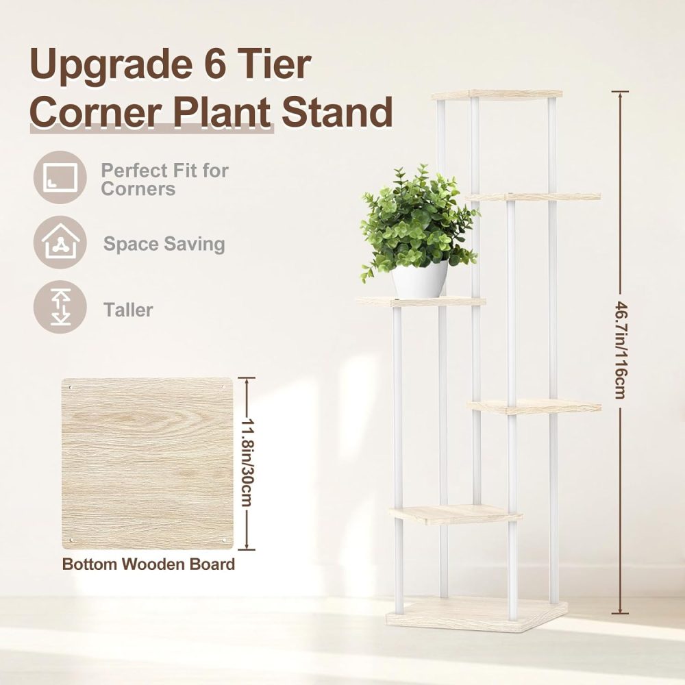 6 Tier Plant Stand Indoor Outdoor , Metal Wood Tiered Corner Plant Stands Pot Holder, Wood Flower Shelf Display Rack for Living Room Bedroom Balcony Garden Patio, White - Image 2