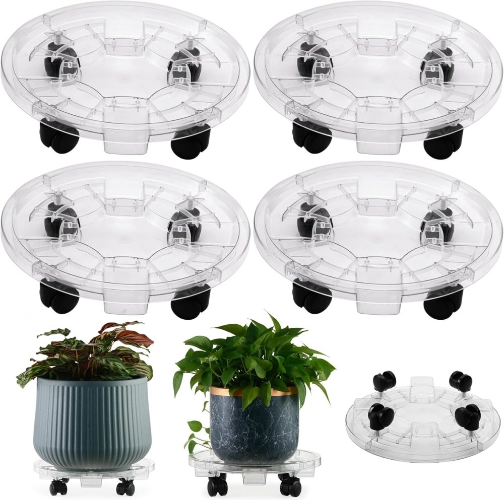 4 Packs 11.8” Large Plant Caddy Plant Saucers on Wheels Rolling Plant Stands Heavy-Duty Plant Dolly Plastic Planter Roller Base Pot Movers Outdoor Plant Tray Coaster