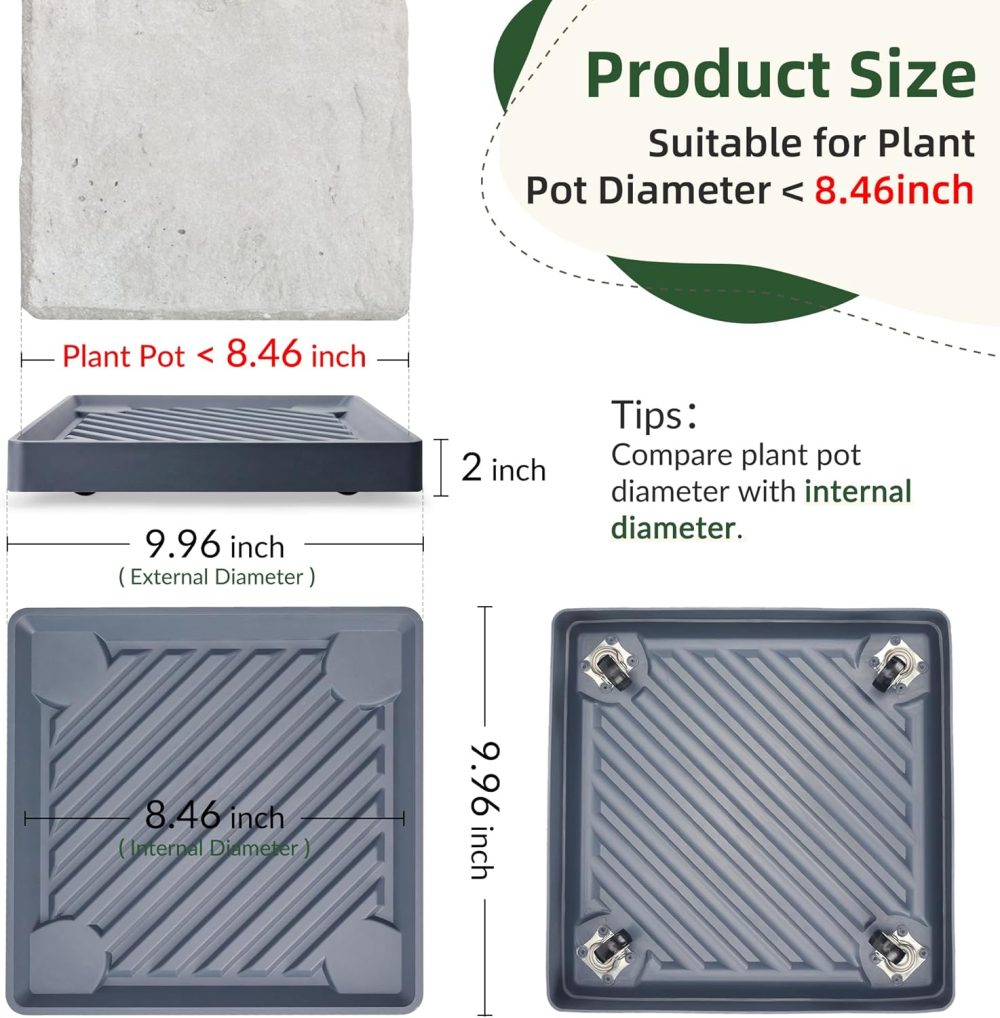 2PCS Square Plant Caddy with Hidden Wheels, Heavy Duty Rolling Plant Stand Caddy with Wheels, Pot Base for Indoor Outdoor, Gray, 9.96 inches