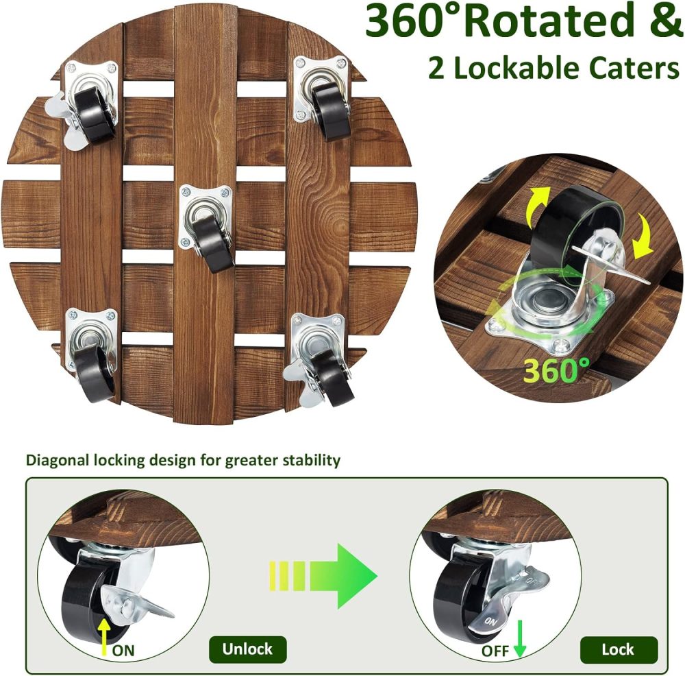 2pack Plant Caddy 12’’Wood Duty Rolling Plant Stand with 2 360° Lockable Caster Wheels,Indoor Outdoor on Roller Patio/Flower Pot/Succulent Pots