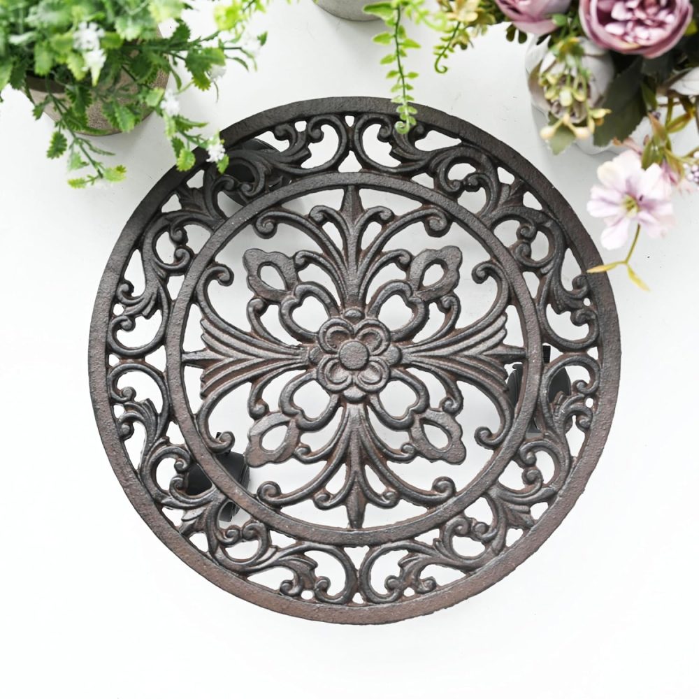 Plant Caddy with Wheels 10''Wrought Iron Rolling Plant Stand Heavy Duty Plant Dolly with Casters Planter Pot Mover Round Plant Roller Base for Indoor Patio Outdoor Brown