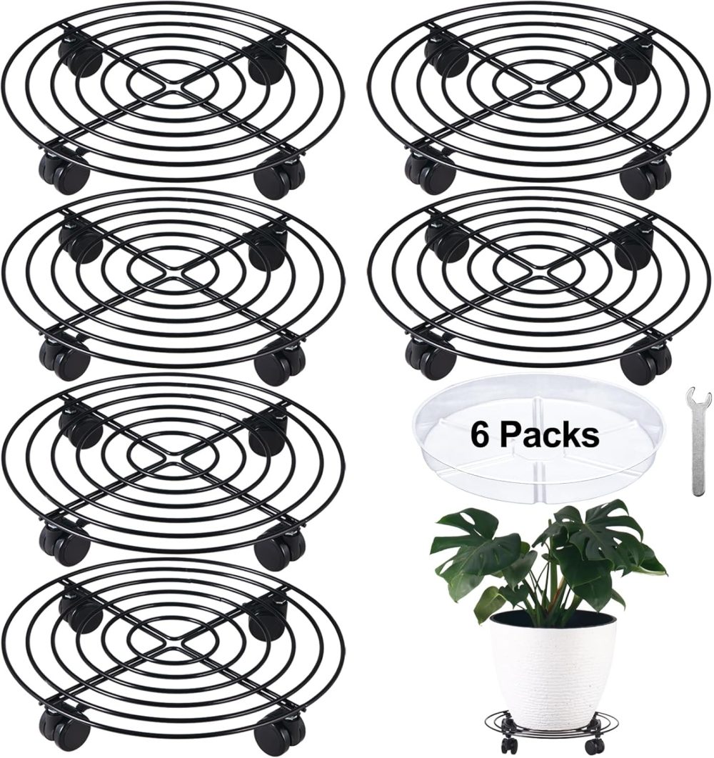 6 Packs Metal Plant Caddy with Wheels 12” Rolling Plant Stands Heavy-duty Wrought Iron Plant Roller Base Pot Movers Plant Saucer on Wheels Indoor Outdoor Plant Dolly with Casters Planter Tray Coaster
